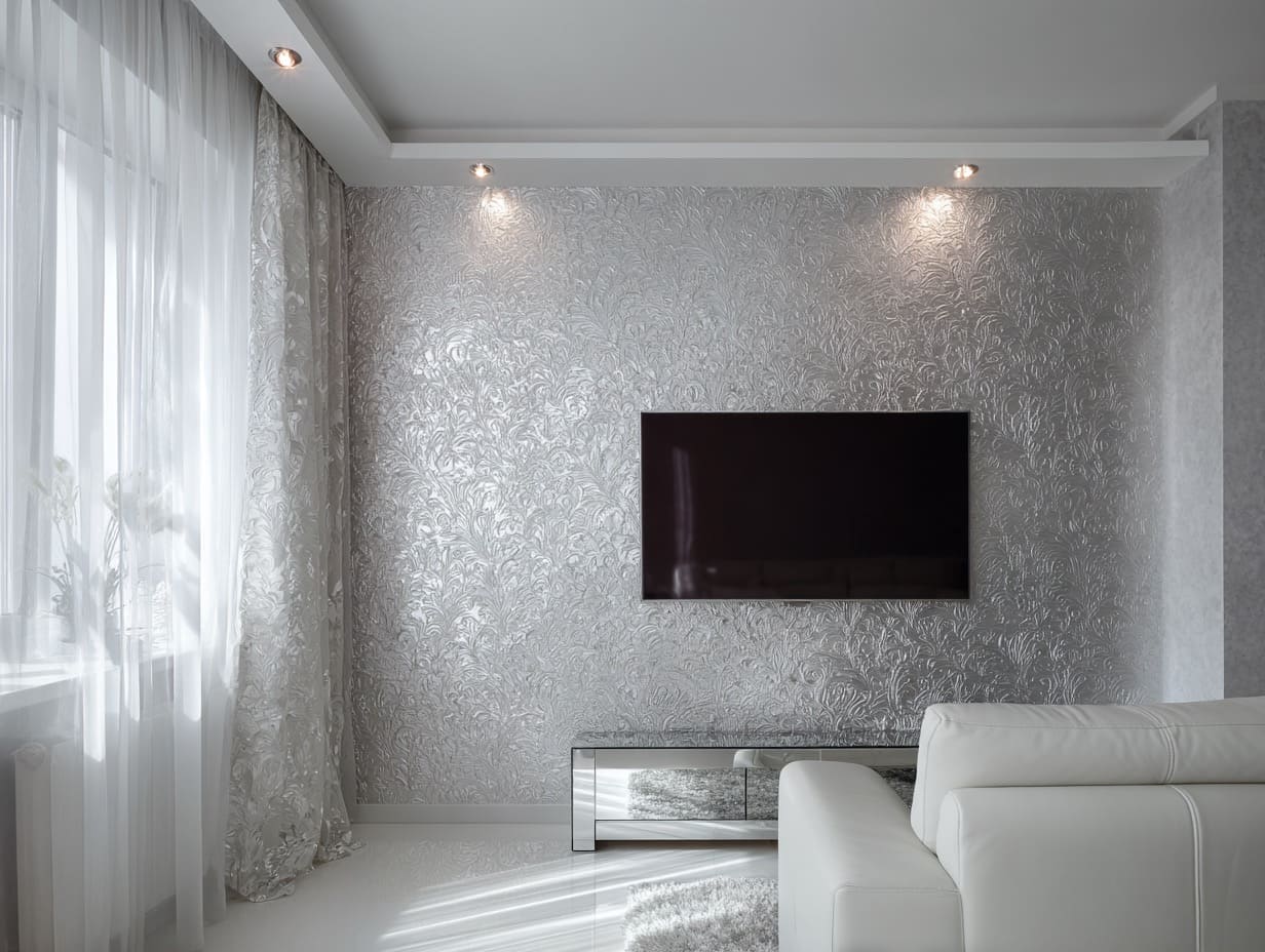 Металлизированные обои на стене гостиной
