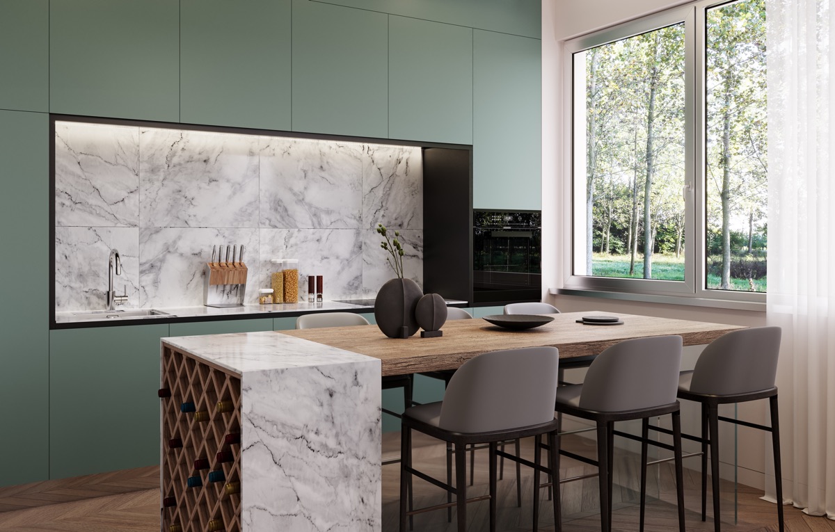 Зеленая стена в оформлении кухни